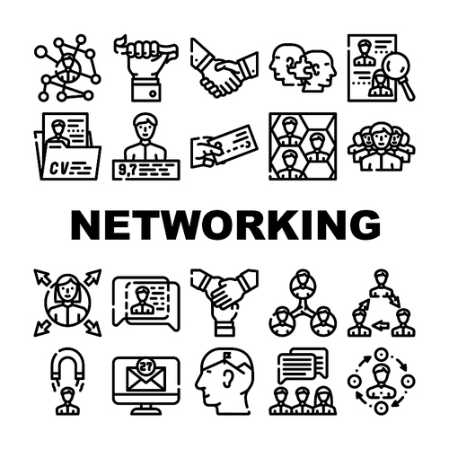 Networking Global Communication Icons Set Vector. People Networking Connection And Discussion, Cards Exchange And Direction Choice, Personal Rating And Team Work Contour Illustrations