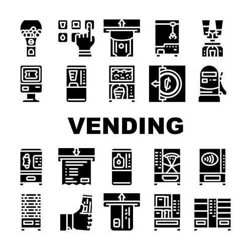 Vending Machine Sale Equipment Icons Set Vector. Coffee And Drink Vending Machine, Pop Corn And Candy Food Selling Electronics, Contactless Payment Money Banknote Glyph Pictograms Black Illustrations