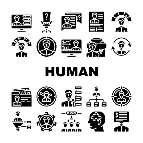 Human Resources Hr Department Icons Set Vector. Candidate Skills And Salary Money Talking, Cv Researching And Interview, Employee Search And Human Resources Glyph Pictograms Black Illustrations