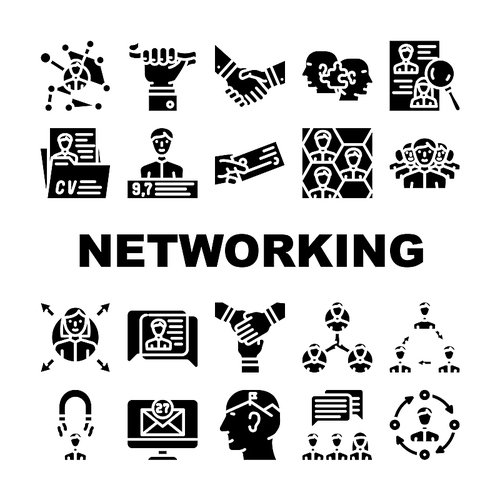 Networking Global Communication Icons Set Vector. People Networking Connection And Discussion, Cards Exchange And Direction Choice, Personal Rating And Team Work Glyph Pictograms Black Illustrations