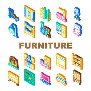Furniture House Room Interior Icons Set Vector. Vintage And Modern Furniture, For Sport Exercising And Relaxation, Bedroom Bed And Office Chair, Warehouse Isometric Sign Color Illustrations