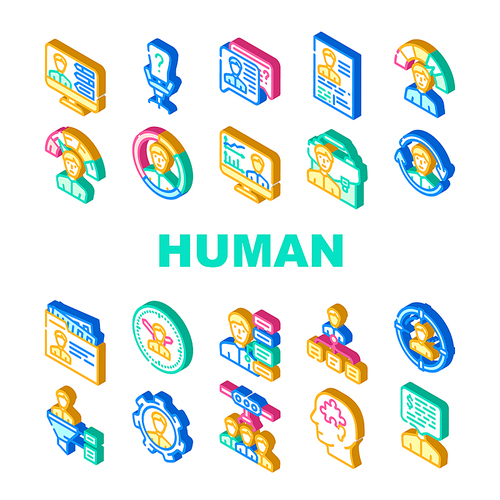 Human Resources Hr Department Icons Set Vector. Candidate Skills And Salary Money Talking, Cv Researching And Interview, Employee Search Headhunting Human Resources Isometric Sign Color Illustrations