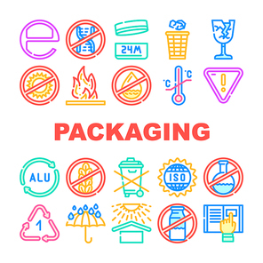 Packaging Industrial Marking Icons Set Vector. Fragile And Protect From Heat, Flammable And Water Care Mark For Packaging, Iso Standard And Hazardous Product Sign Line. Color Illustrations