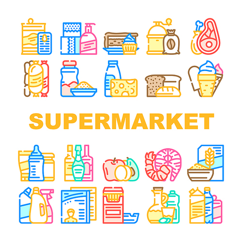 Supermarket Selling Department Icons Set Vector. Bakery And Dessert, Preserves And Canned Food, Meat And Seafood, Domestic Chemical Liquid And Detergent Supermarket Product Line. Color Illustrations