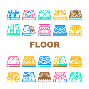 Floor Material Layers Renovation Icons Set Vector. Tile And Parquet, Stone And Wooden Floor Material, Linoleum And Carpet, Children Play Room And Sport Ground Flooring Line. Color Illustrations