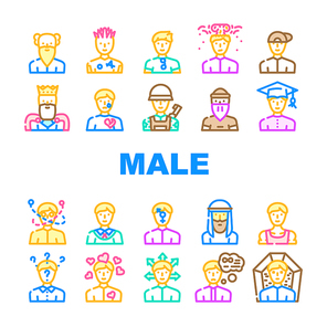 Male Business And Expression Icons Set Vector. Madness And Lovely Male, Choice Of Direction And Brain Explosion Man, Childhood, Old Aged Pensioner And Death Guy Line. Color Illustrations