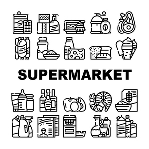 Supermarket Selling Department Icons Set Vector. Bakery And Dessert, Preserves And Canned Food, Meat And Seafood, Domestic Chemical Liquid And Detergent Supermarket Product Contour Illustrations