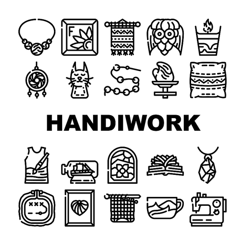 Handiwork Craft Hobby Occupation Icons Set Vector. Candle And Composition From Old Book, Felt Pocket And Cone Toy, Boat In Bottle And Weaving Amulet Handiwork Decoration Contour Illustrations