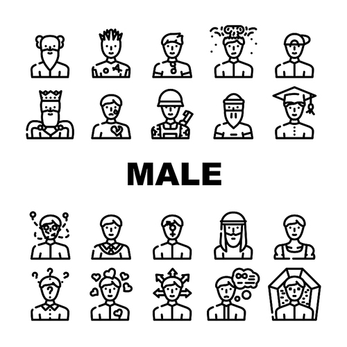 Male Business And Expression Icons Set Vector. Madness And Lovely Male, Choice Of Direction And Brain Explosion Man, Childhood, Old Aged Pensioner And Death Guy Contour Illustrations