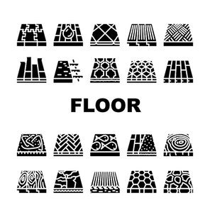 Floor Material Layers Renovation Icons Set Vector. Tile And Parquet, Stone And Wooden Floor Material, Linoleum And Carpet, Children Play Room Sport Ground Flooring Glyph Pictograms Black Illustrations