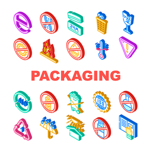 Packaging Industrial Marking Icons Set Vector. Fragile And Protect From Heat, Flammable And Water Care Mark For Packaging, Iso Standard And Hazardous Product Sign Isometric Sign Color Illustrations