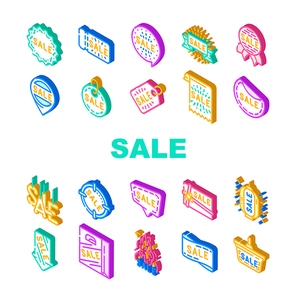 Summer Sale And Season Discount Icons Set Vector. Summer Sale Banner And Ribbon, Quote Frame And Present Gift Coupon Label And Trinket, Lighting Lantern Ceiling Lamp Isometric Sign Color Illustrations