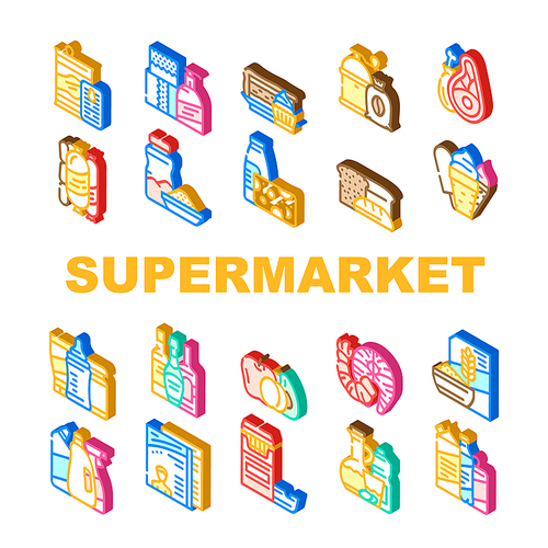 Supermarket Selling Department Icons Set Vector. Bakery And Dessert, Preserves And Canned Food, Meat And Seafood, Domestic Chemical Liquid Detergent Product Isometric Sign Color Illustrations