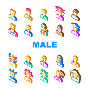Male Business And Expression Icons Set Vector. Madness And Lovely Male, Choice Of Direction And Brain Explosion Man, Childhood, Old Aged Pensioner And Death Guy Isometric Sign Color Illustrations
