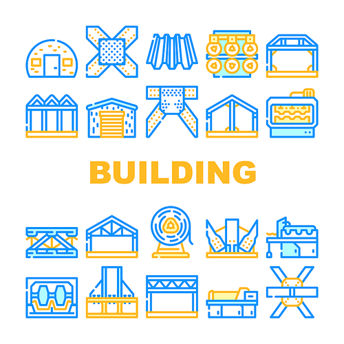 Self-framing Metallic Building Icons Set Vector. House Metal Material Frame Building And Bridge Construction, Industry Factory Production Machine And Equipment Line. Color Illustrations