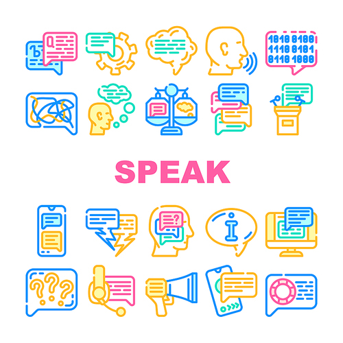 Speak Conversation And Discussion Icons Set Vector. Online Support Advice And Chatting, Speech From Tribune And Sms Message, Human Speak And Talk With Advisor Line. Color Illustrations