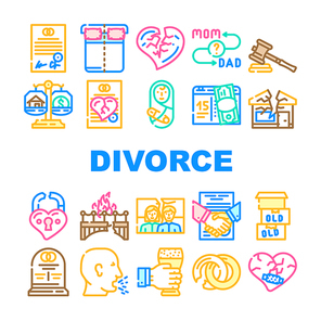 Divorce Couple Canceling Marriage Icons Set Vector. Family Problem Divorce And Payment Alimony, Broken Love Padlock And Crashed House, Property Division And Judge Trial Line. Color Illustrations