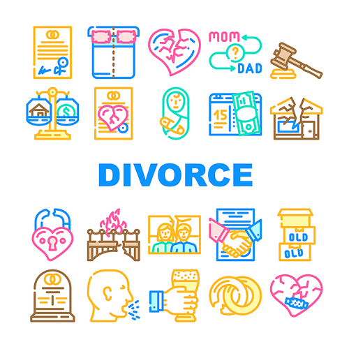 Divorce Couple Canceling Marriage Icons Set Vector. Family Problem Divorce And Payment Alimony, Broken Love Padlock And Crashed House, Property Division And Judge Trial Line. Color Illustrations