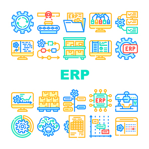 Erp Enterprise Resource Planning Icons Set Vector. Erp Working Process And Goods Production Control, Time Intervals And Deadline, Reporting System And Organization Line. Color Illustrations