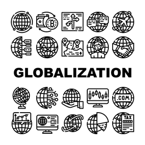 Globalization Worldwide Business Icons Set Vector. Internet Marketing And Trade Market, Digitalization And Analytics Globalization, International Finance Currency Contour Illustrations