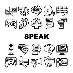 Speak Conversation And Discussion Icons Set Vector. Online Support Advice And Chatting, Speech From Tribune And Sms Message, Human Speak And Talk With Advisor Contour Illustrations