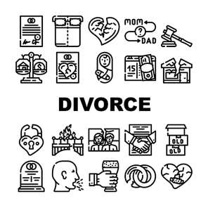 Divorce Couple Canceling Marriage Icons Set Vector. Family Problem Divorce And Payment Alimony, Broken Love Padlock And Crashed House, Property Division And Judge Trial Contour Illustrations