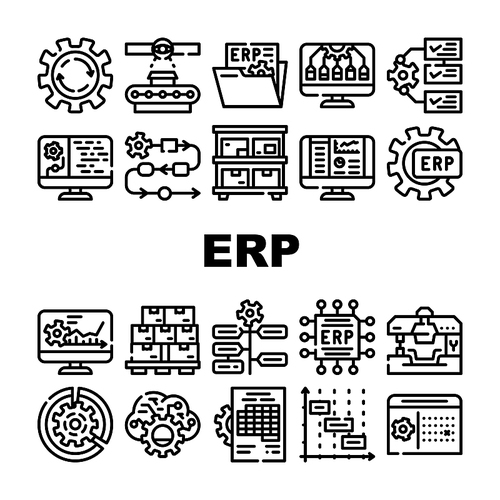 Erp Enterprise Resource Planning Icons Set Vector. Erp Working Process And Goods Production Control, Time Intervals And Deadline, Reporting System And Organization Contour Illustrations