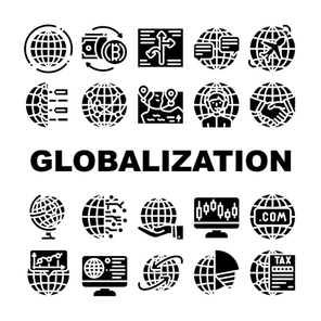 Globalization Worldwide Business Icons Set Vector. Internet Marketing And Trade Market, Digitalization And Analytics Globalization, International Finance Currency Glyph Pictograms Black Illustrations