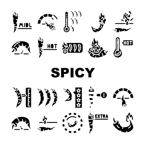 Spicy Pepper Different Scale Icons Set Vector. Burning Cayenne Spice Pepper Flavoring For Measuring Cooked Dish Line. Extra, Hot And Middle Spiced Meal Vegetable Glyph Pictograms Black Illustrations