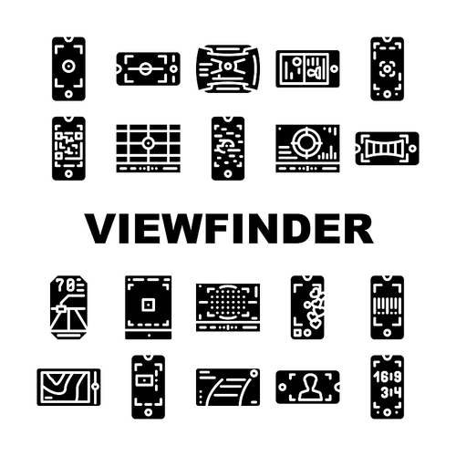 Viewfinder Smartphone Function Icons Set Vector. Photo Camera Viewfinder For Making Document And Horizon Photography, Qr And Bar Code Scanning, Thermal Glyph Pictograms Black Illustrations