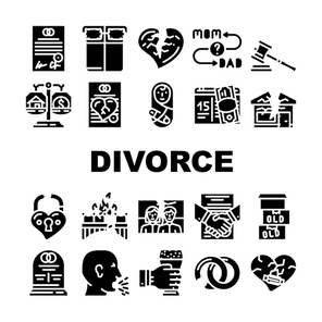 Divorce Couple Canceling Marriage Icons Set Vector. Family Problem Divorce And Payment Alimony, Broken Love Padlock And Crashed House, Property Division Glyph Pictograms Black Illustrations