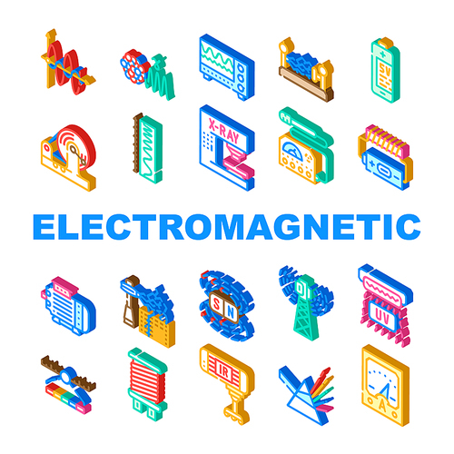 Electromagnetic Science Physics Icons Set Vector. Electromagnetic And Ultraviolet Waves, X-ray Electronic Equipment And Spectrum Range, Prism Light And Sv Battery Isometric Sign Color Illustrations