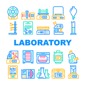 Laboratory Equipment For Analysis Icons Set Vector. Digital Scales And Microscope, Electronic Centrifuge And Heating Plate, Autoclave And Shaker Laboratory Tools Line. Color Illustrations