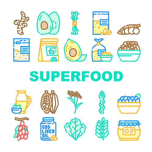 Superfood Natural And Vitamin Icons Set Vector. Ginger And Avocado Food, Spinach Leaves And Elder Plant, Olive Oil And Honey, Spirulina And Hemp Seeds Superfood Line. Color Illustrations