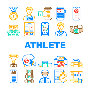 Athlete Sport Equipment And Award Icons Set Vector. Rugby Player Athlete Protective Helmet And Sportive Bag, Fitness Bracelet Gadget And Exercise Description Smartphone App Line. Color Illustrations