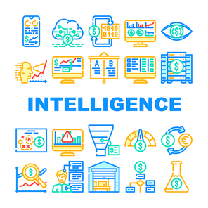 Business Intelligence Technology Icons Set Vector. Business Intelligence Analysis And Analytics Chart And Infographic, Digital Strategy And Science, Trade Market Research Line. Color Illustrations