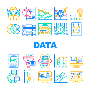 Data Science Innovate Technology Icons Set Vector. Analysis And Research Data Science, Software Algorithm And And Programming, Quantum Computer And Server Line. Color Illustrations