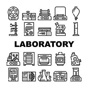 Laboratory Equipment For Analysis Icons Set Vector. Digital Scales And Microscope, Electronic Centrifuge And Heating Plate, Autoclave And Shaker Laboratory Tools Contour Illustrations