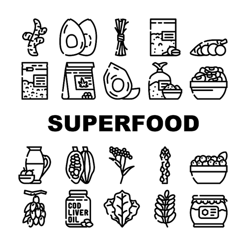 Superfood Natural And Vitamin Icons Set Vector. Ginger And Avocado Food, Spinach Leaves And Elder Plant, Olive Oil And Honey, Spirulina And Hemp Seeds Superfood Contour Illustrations