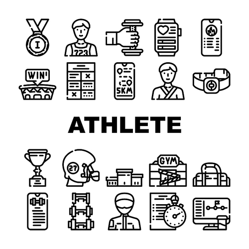 Athlete Sport Equipment And Award Icons Set Vector. Rugby Player Athlete Protective Helmet And Sportive Bag, Fitness Bracelet Gadget And Exercise Description Smartphone App Contour Illustrations