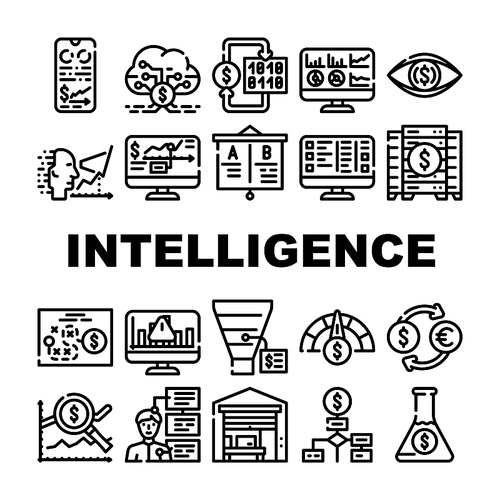 Business Intelligence Technology Icons Set Vector. Business Intelligence Analysis And Analytics Chart And Infographic, Digital Strategy And Science, Trade Market Research Contour Illustrations