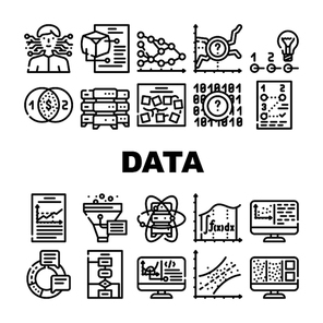 Data Science Innovate Technology Icons Set Vector. Analysis And Research Data Science, Software Algorithm And And Programming, Quantum Computer And Server Contour Illustrations