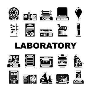 Laboratory Equipment For Analysis Icons Set Vector. Digital Scales And Microscope, Electronic Centrifuge And Heating Plate, Autoclave And Shaker Laboratory Tools Glyph Pictograms Black Illustrations