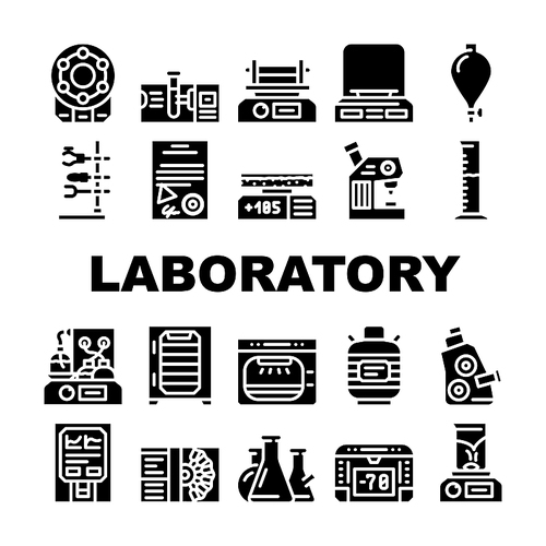 Laboratory Equipment For Analysis Icons Set Vector. Digital Scales And Microscope, Electronic Centrifuge And Heating Plate, Autoclave And Shaker Laboratory Tools Glyph Pictograms Black Illustrations