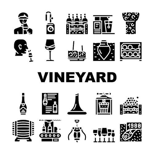 Vineyard Production Alcohol Drink Icons Set Vector. Wine Glasses With Different Taste Beverage, Fridge And Wooden Barrel Cork And Corkscrew, Vineyard Manufacturing Glyph Pictograms Black Illustrations