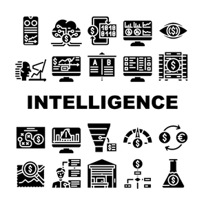 Business Intelligence Technology Icons Set Vector. Business Intelligence Analysis And Analytics Chart And Infographic, Digital Strategy And Science, Market Glyph Pictograms Black Illustrations