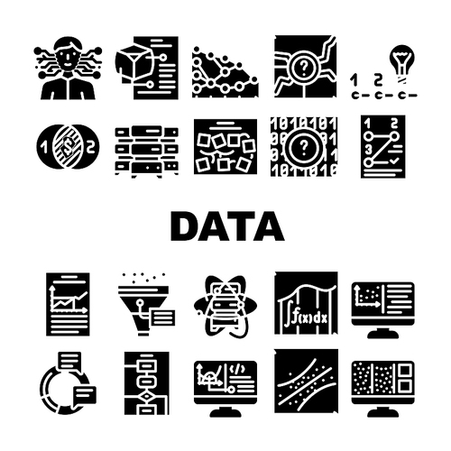 Data Science Innovate Technology Icons Set Vector. Analysis And Research Data Science, Software Algorithm And And Programming, Quantum Computer And Server Glyph Pictograms Black Illustrations