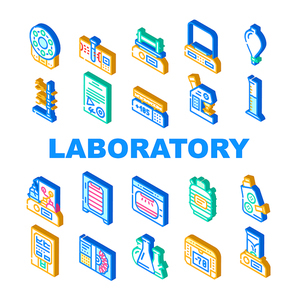 Laboratory Equipment For Analysis Icons Set Vector. Digital Scales And Microscope, Electronic Centrifuge And Heating Plate, Autoclave And Shaker Laboratory Tools Isometric Sign Color Illustrations