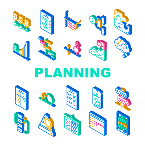 Planning Startup Project Strategy Icons Set Vector. Check List With Task And Calendar With Deadline Date For Planning Goal, Success Achievement And Financial Deposit Isometric Sign Color Illustrations