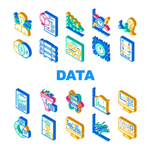 Data Science Innovate Technology Icons Set Vector. Analysis And Research Data Science, Software Algorithm And And Programming, Quantum Computer And Server Isometric Sign Color Illustrations
